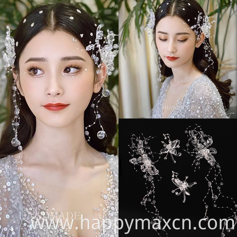 Wholesales Korean Ice Princess Tassel Crystal Fairy Bridal Hair Clip Earring Set Headpiece Dress Accessories